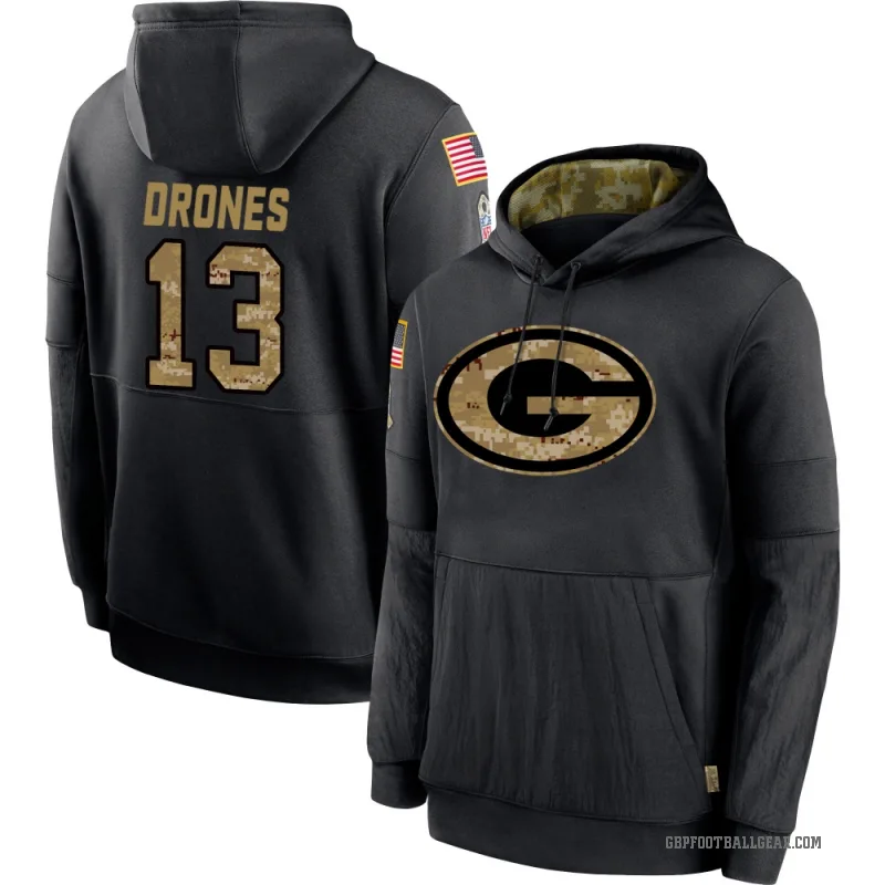 Kyron Drones Youth Black Green Bay Packers 2020 Salute to Service Sideline Performance Pullover Hoodie